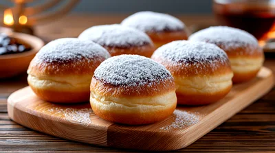 Fresh Sufganiyot Donuts With Powdered Sugar On Wooden Board