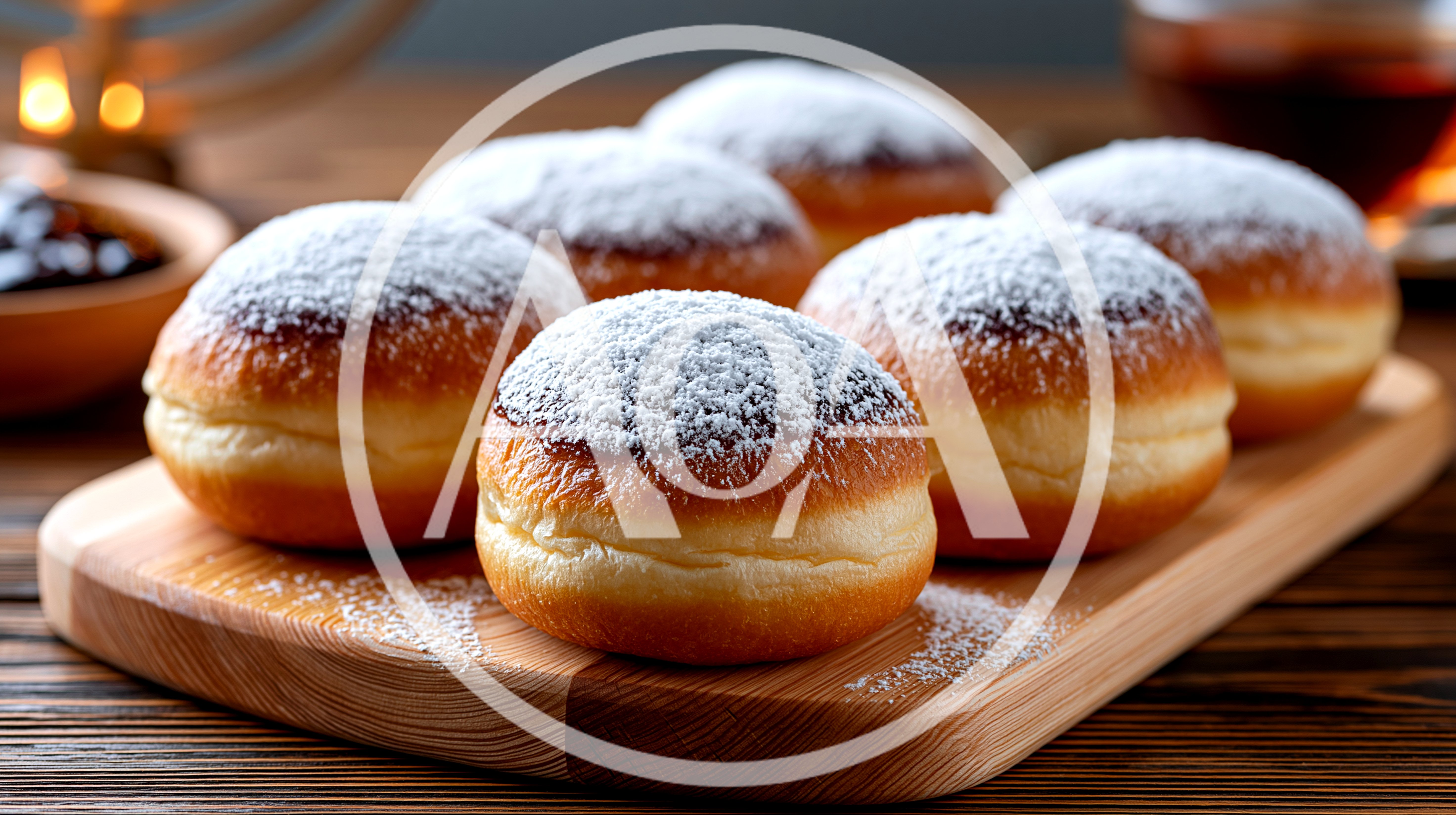Fresh Sufganiyot Donuts With Powdered Sugar On Wooden Board