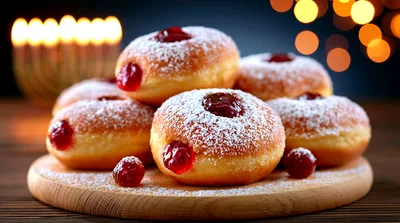 Sufganiyot Jelly Donuts On A Wooden Serving Board