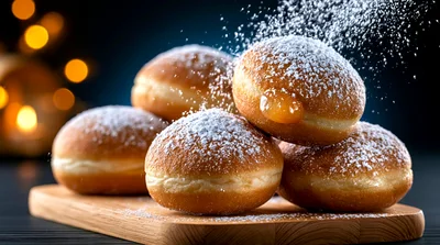 Powdered Jelly Donuts On A Wooden Board