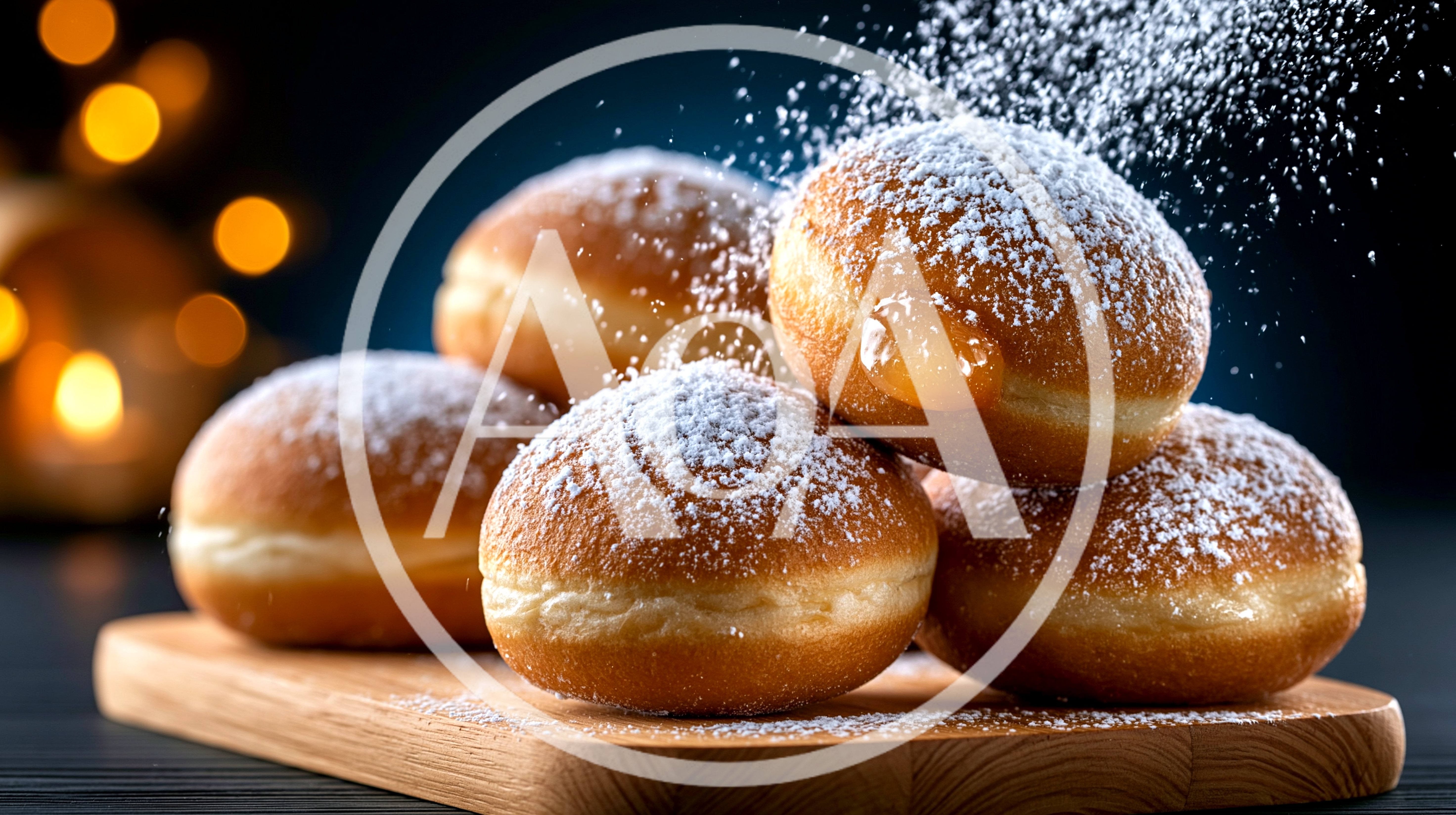 Powdered Jelly Donuts On A Wooden Board