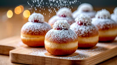 Powdered Sufganiyot Donuts With Jam Filling On Wooden Board