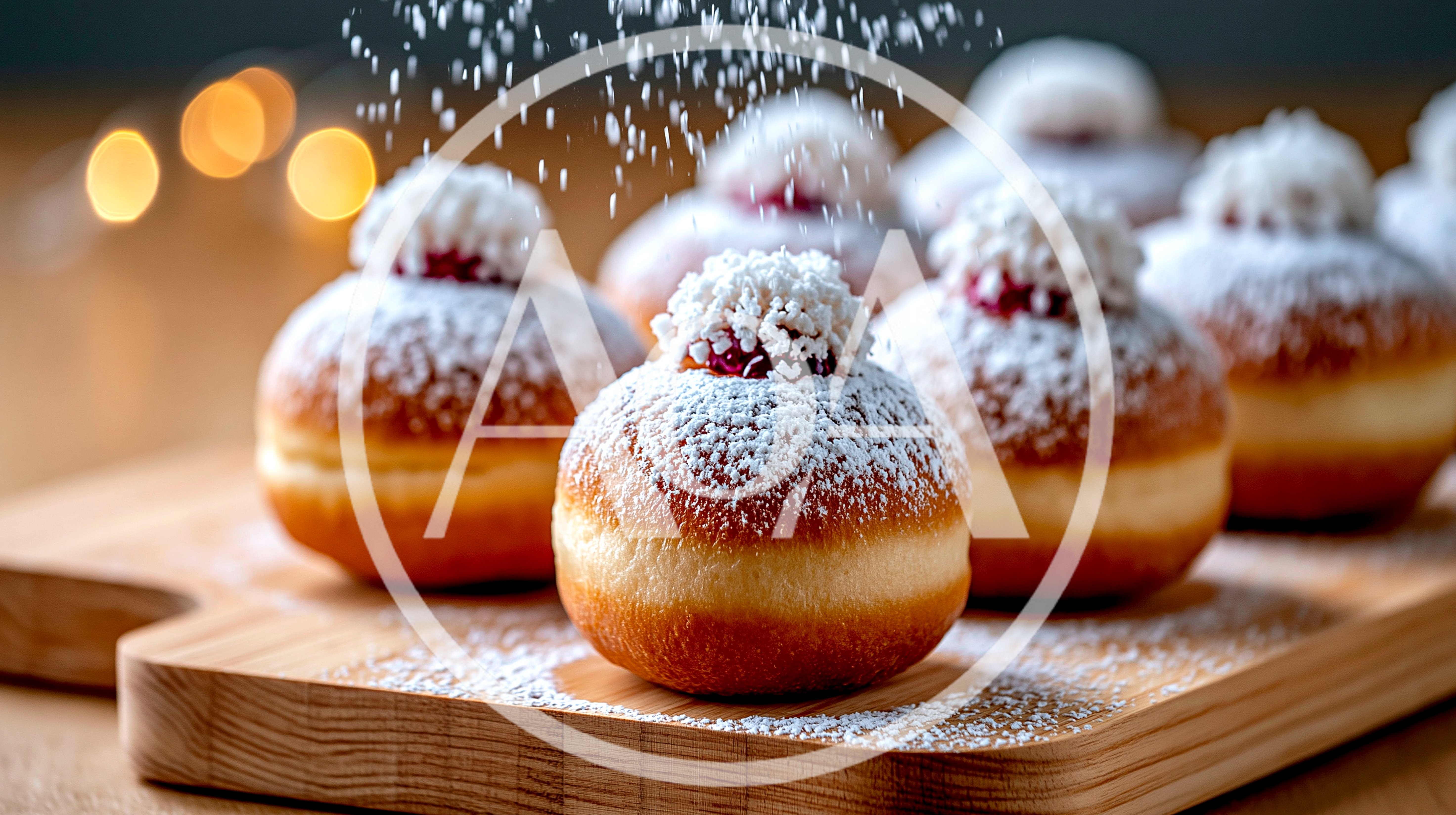 Powdered Sufganiyot Donuts With Jam Filling On Wooden Board