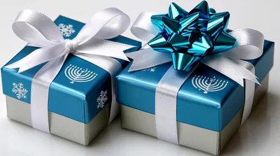 Two Blue Hanukkah Gift Boxes With White Ribbons