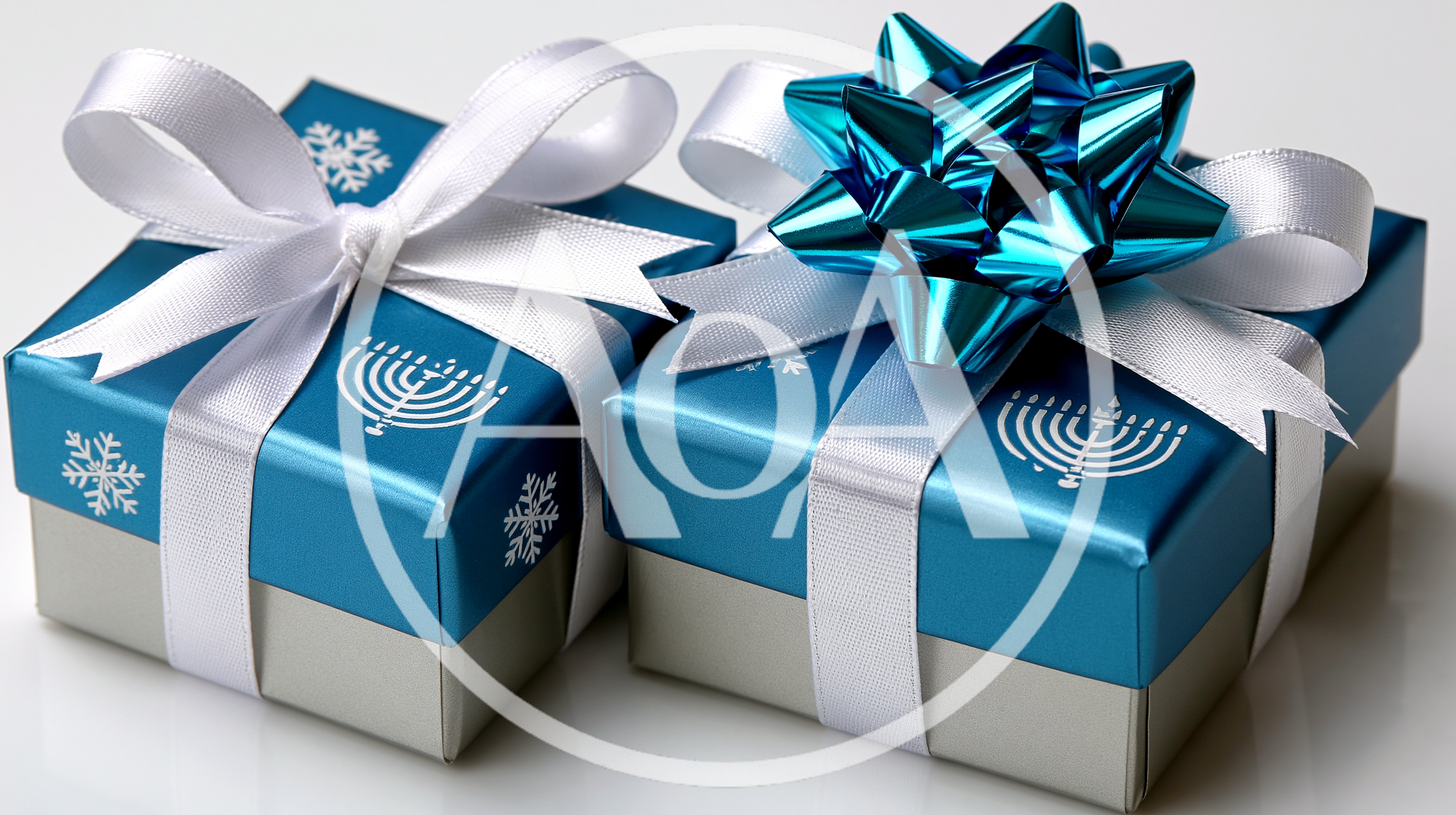 Two Blue Hanukkah Gift Boxes With White Ribbons