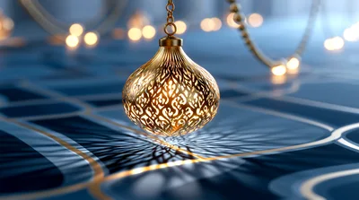 Golden Ornamental Lantern Hanging Over Blue Patterned Surface