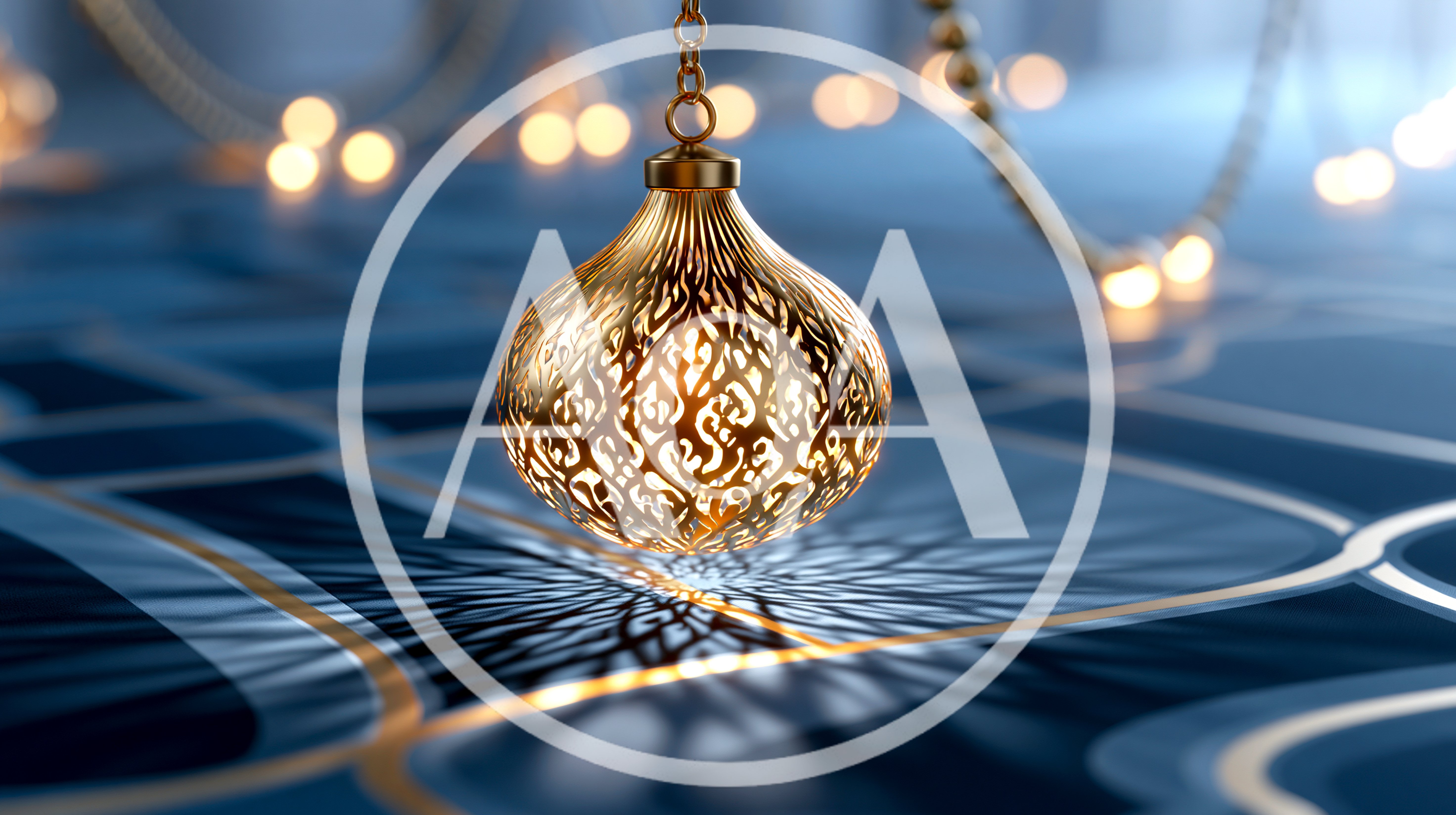 Golden Ornamental Lantern Hanging Over Blue Patterned Surface