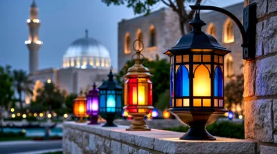 Colorful Ramadan Lanterns Lining A Stone Wall