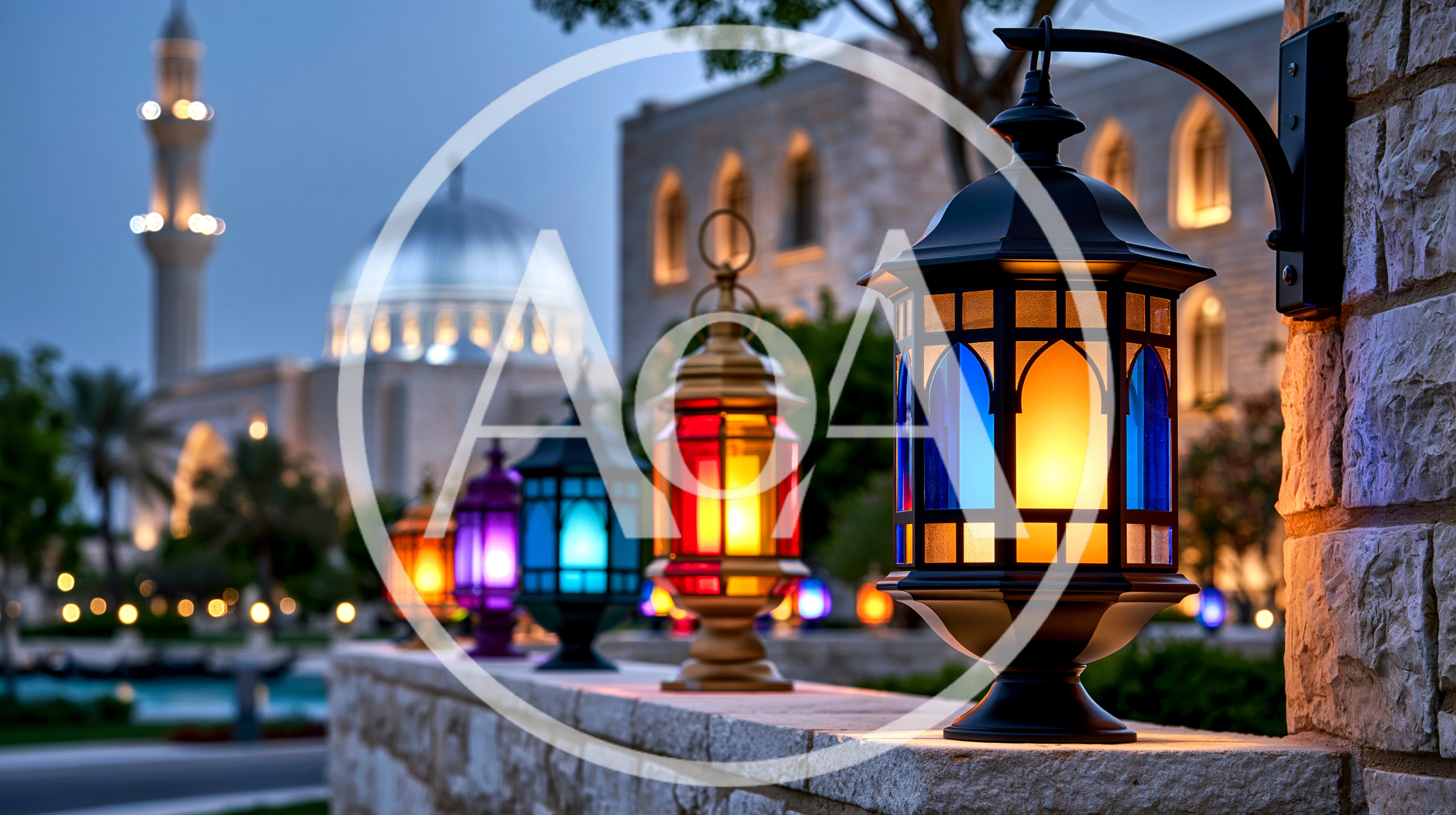 Colorful Ramadan Lanterns Lining A Stone Wall