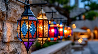 Decorative Moroccan Lanterns Hanging Along A Stone Wall