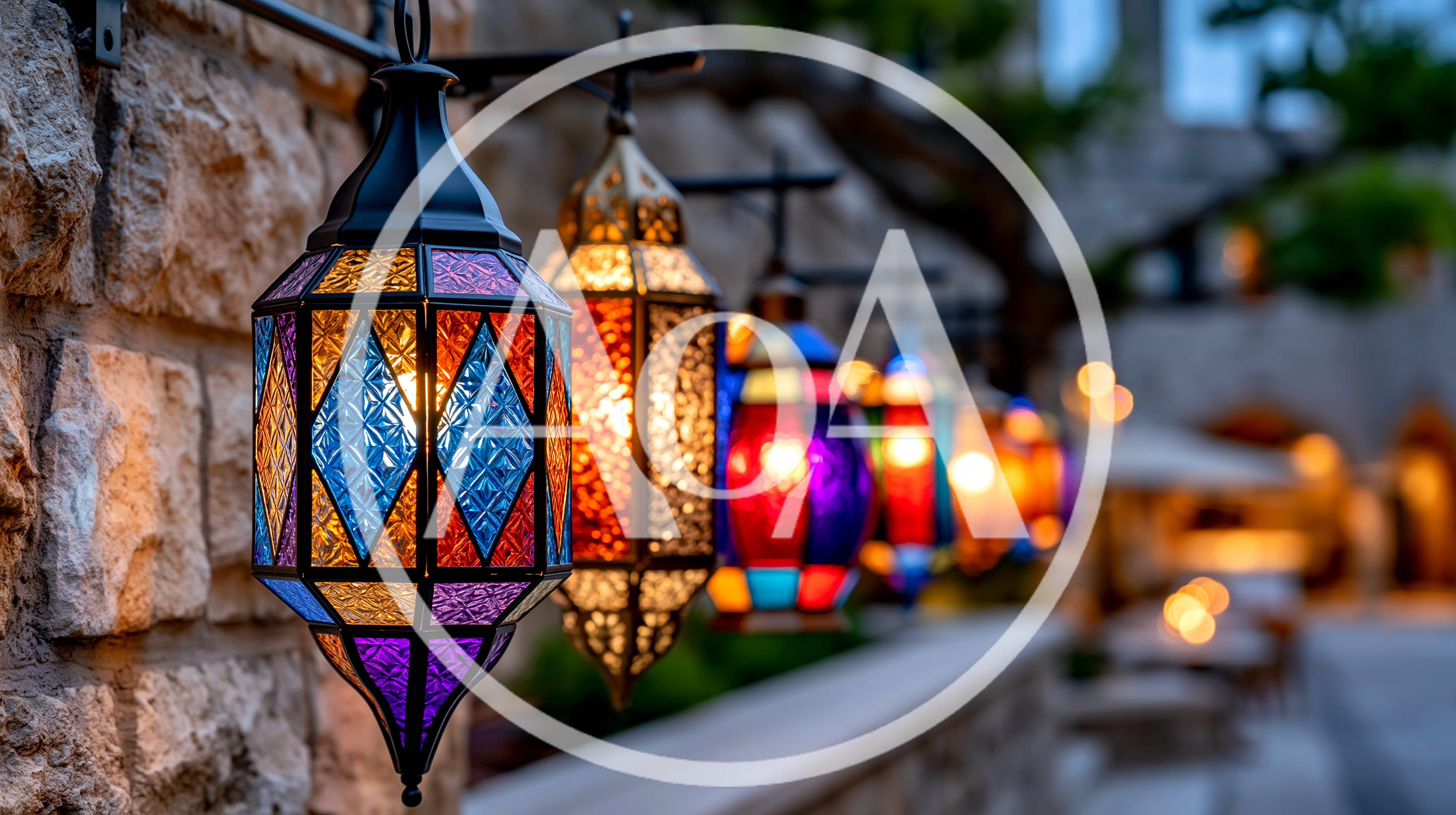 Decorative Moroccan Lanterns Hanging Along A Stone Wall