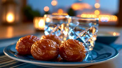 Ramadan Iftar Table With Dates And Water Glasses