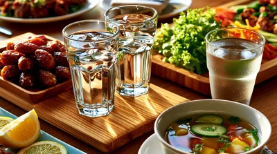 Iftar Table Spread With Dates And Water Glasses