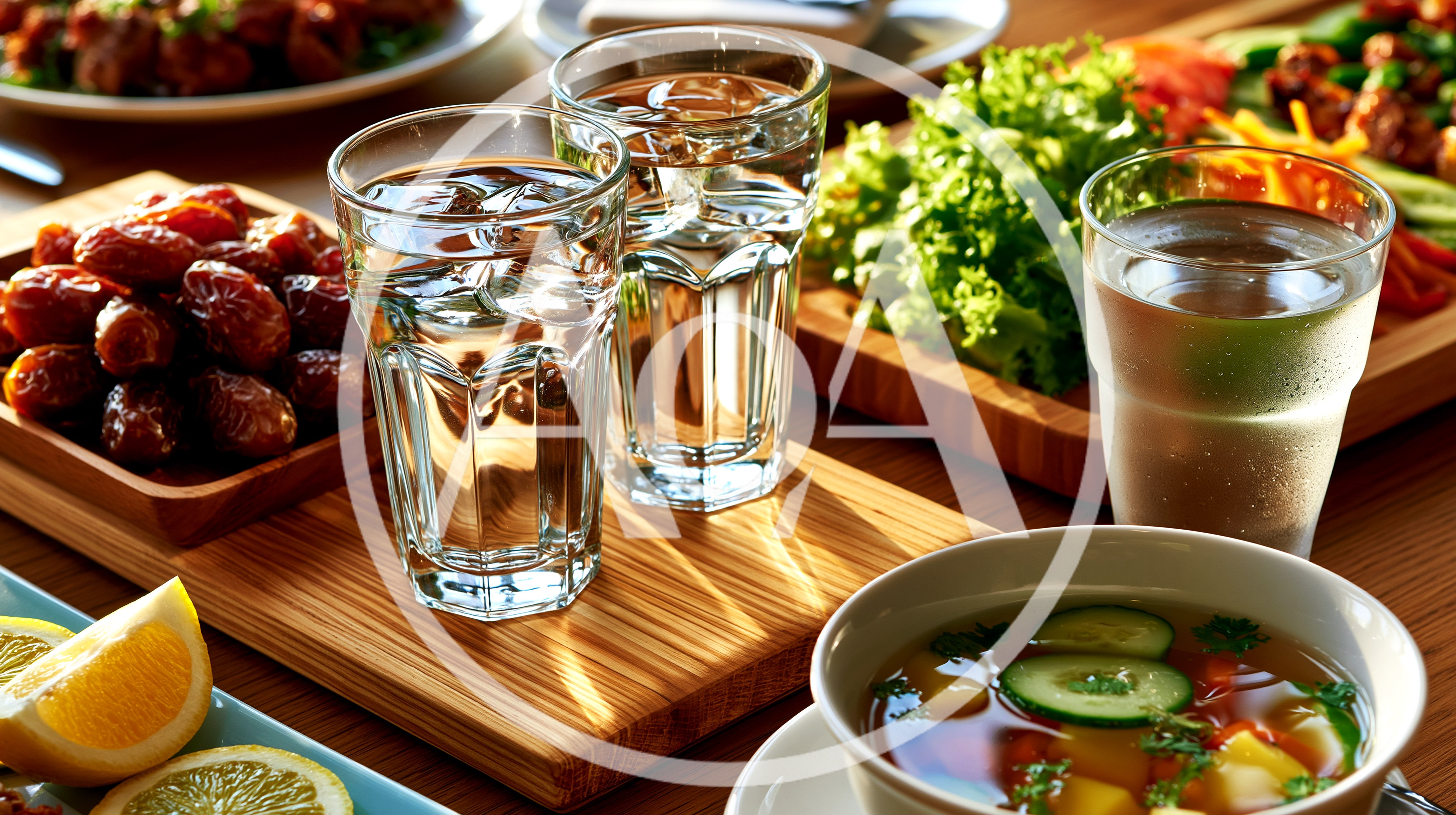 Iftar Table Spread With Dates And Water Glasses