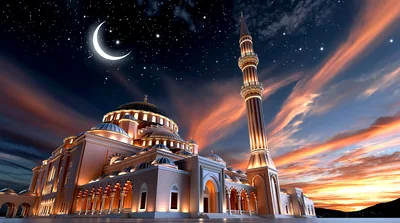 Illuminated Mosque Architecture Under A Starry Night Sky