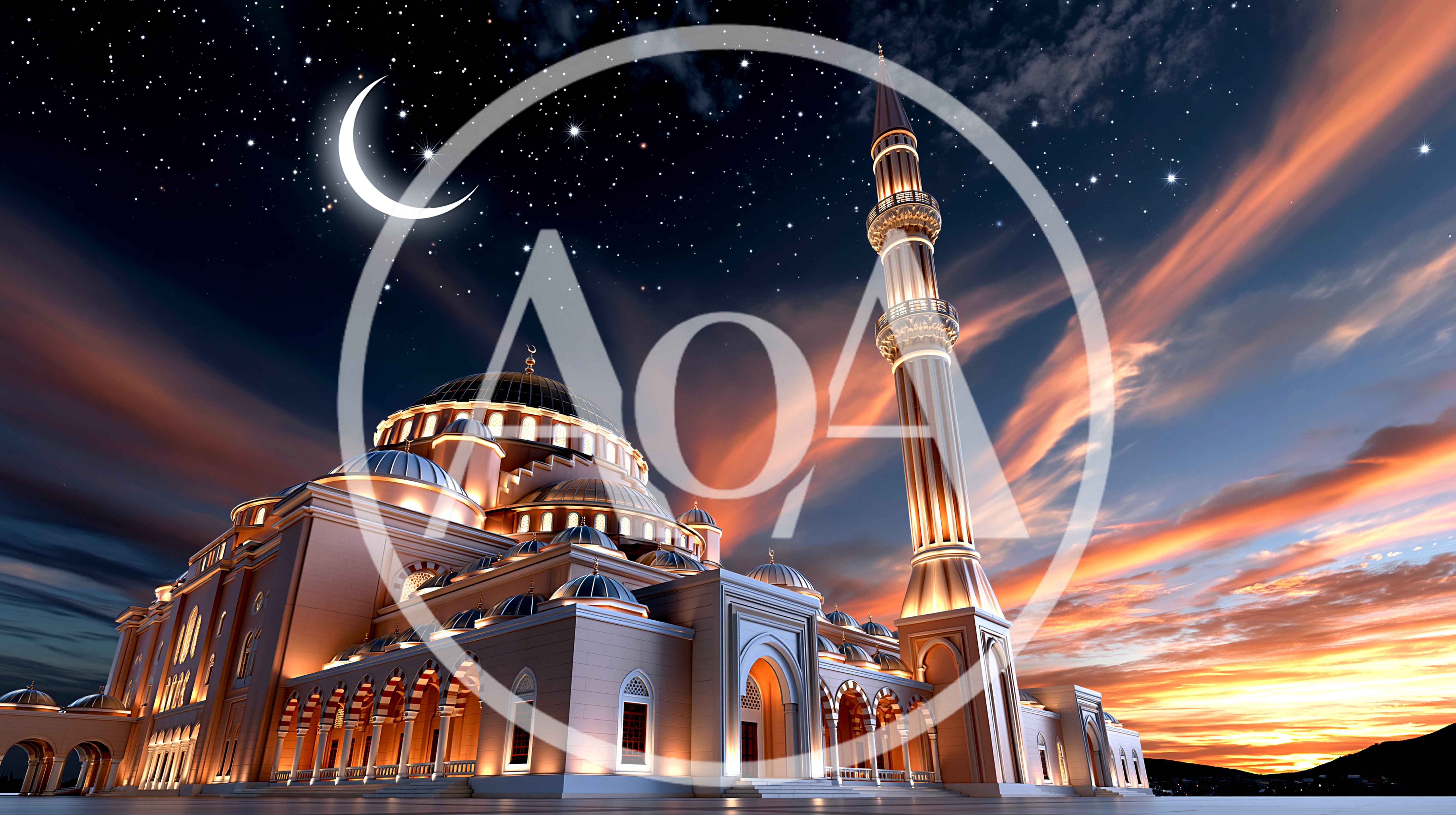 Illuminated Mosque Architecture Under A Starry Night Sky