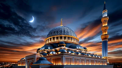 Majestic Mosque Architecture Under A Dramatic Sunset Sky