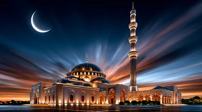 Illuminated Mosque Architecture Under A Crescent Moon