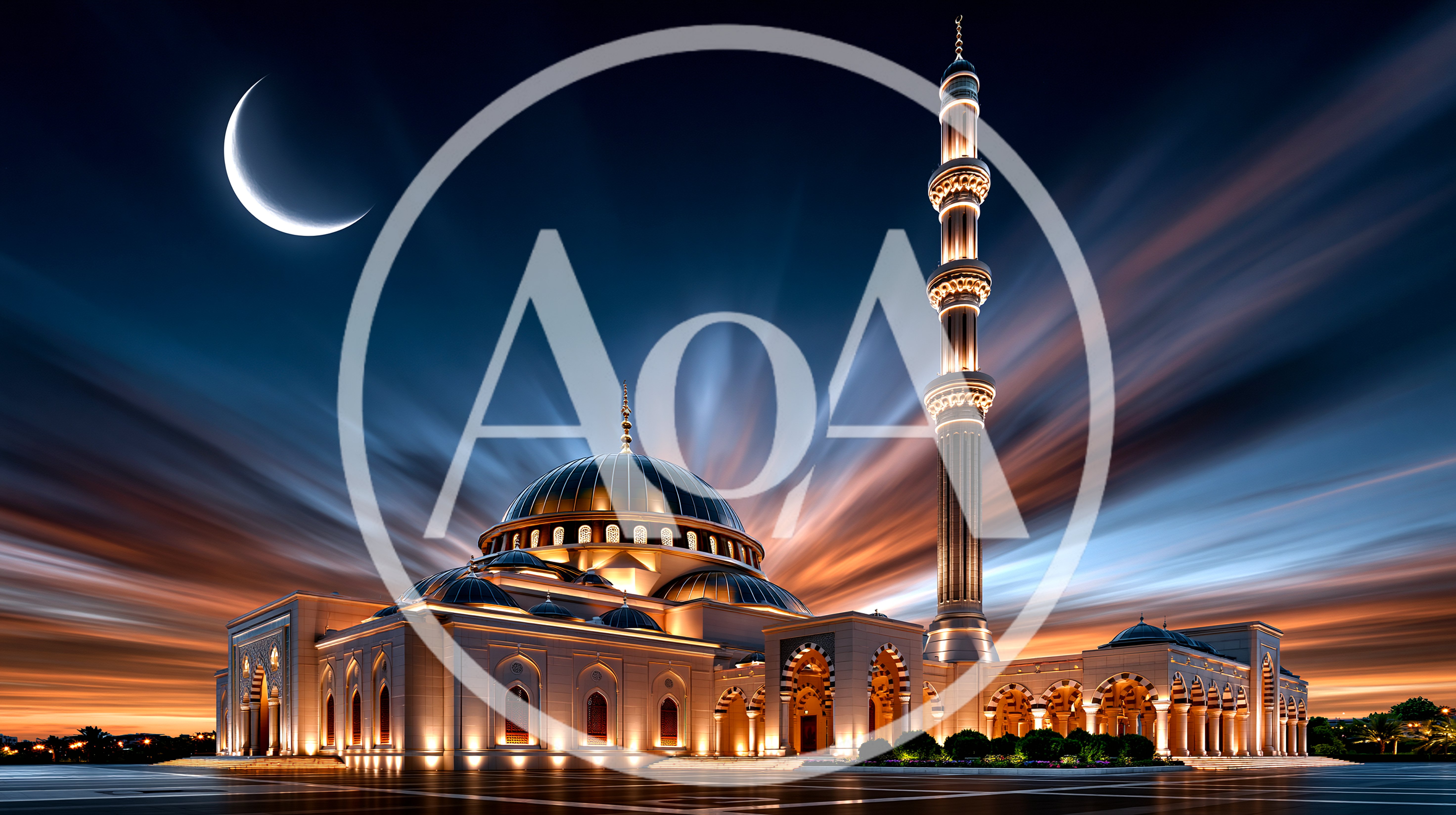 Illuminated Mosque Architecture Under A Crescent Moon