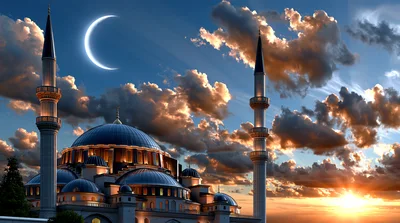 Majestic Mosque Architecture Under Crescent Moon and Sunset