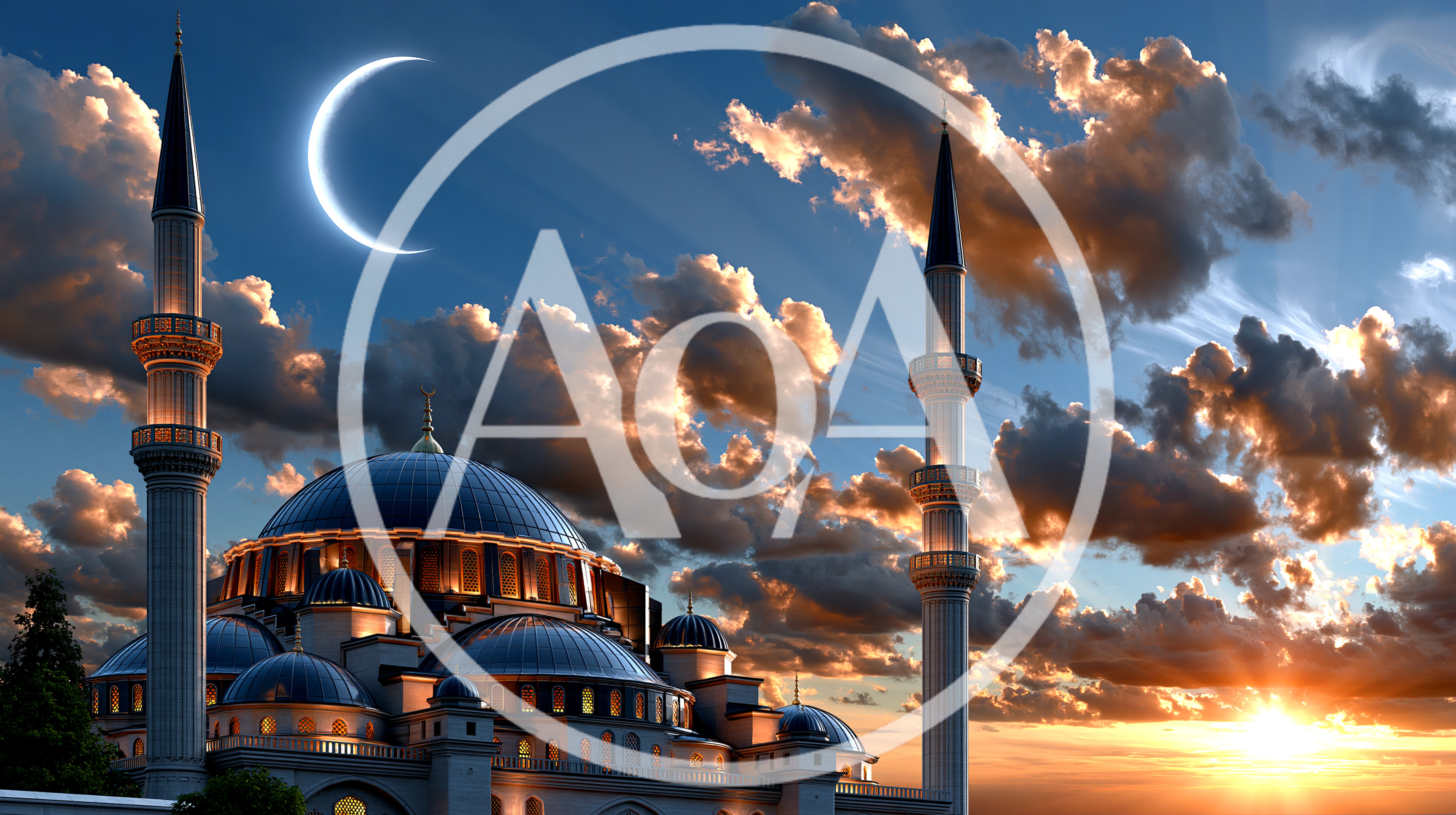 Majestic Mosque Architecture Under Crescent Moon and Sunset