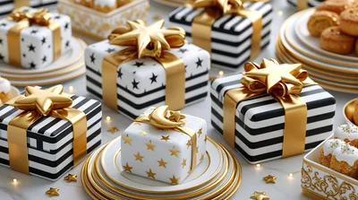Festive Gift Boxes With Gold Stars And Stripes