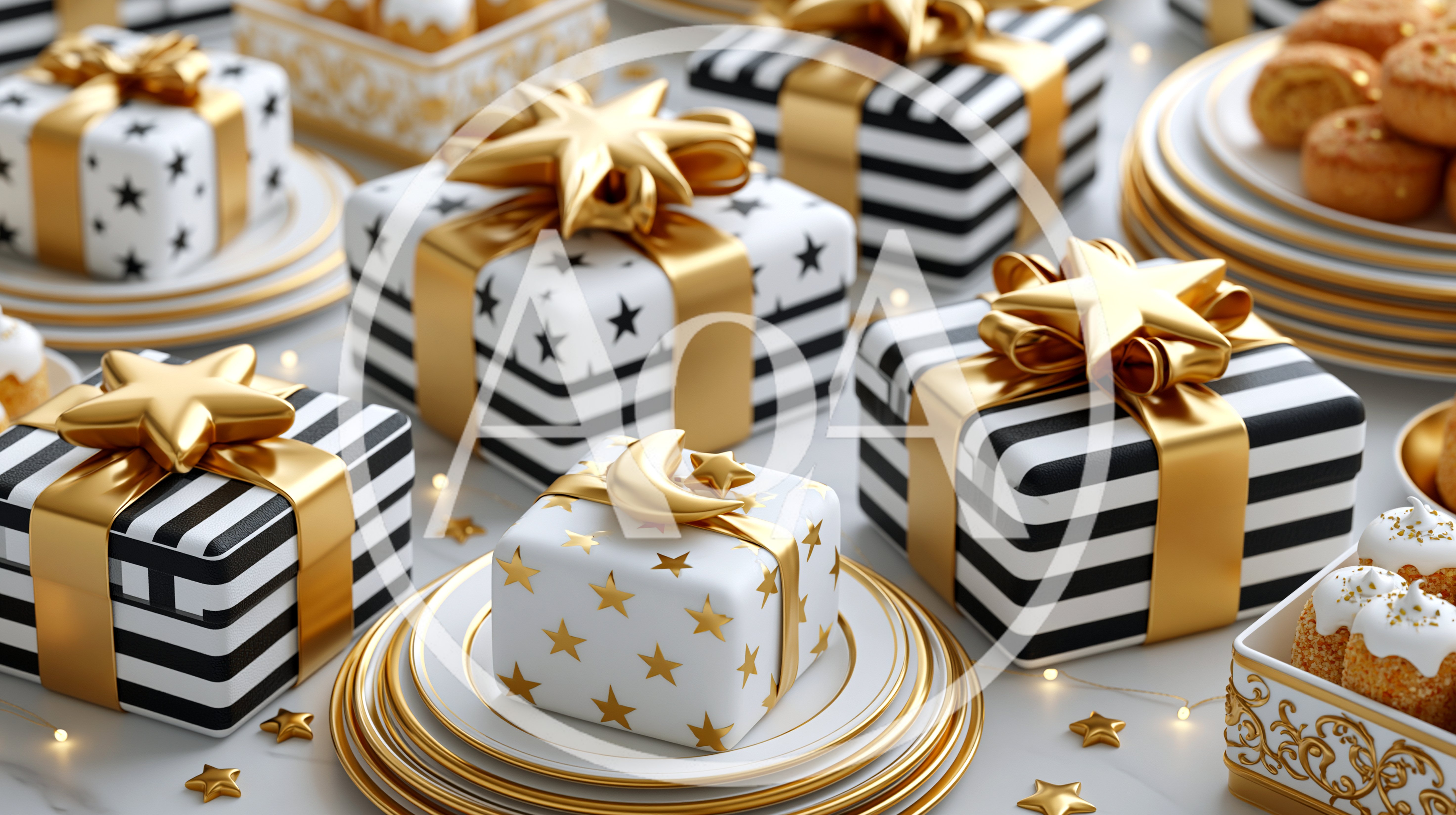 Festive Gift Boxes With Gold Stars And Stripes