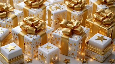 Festive Gift Boxes With Gold Ribbons And Stars
