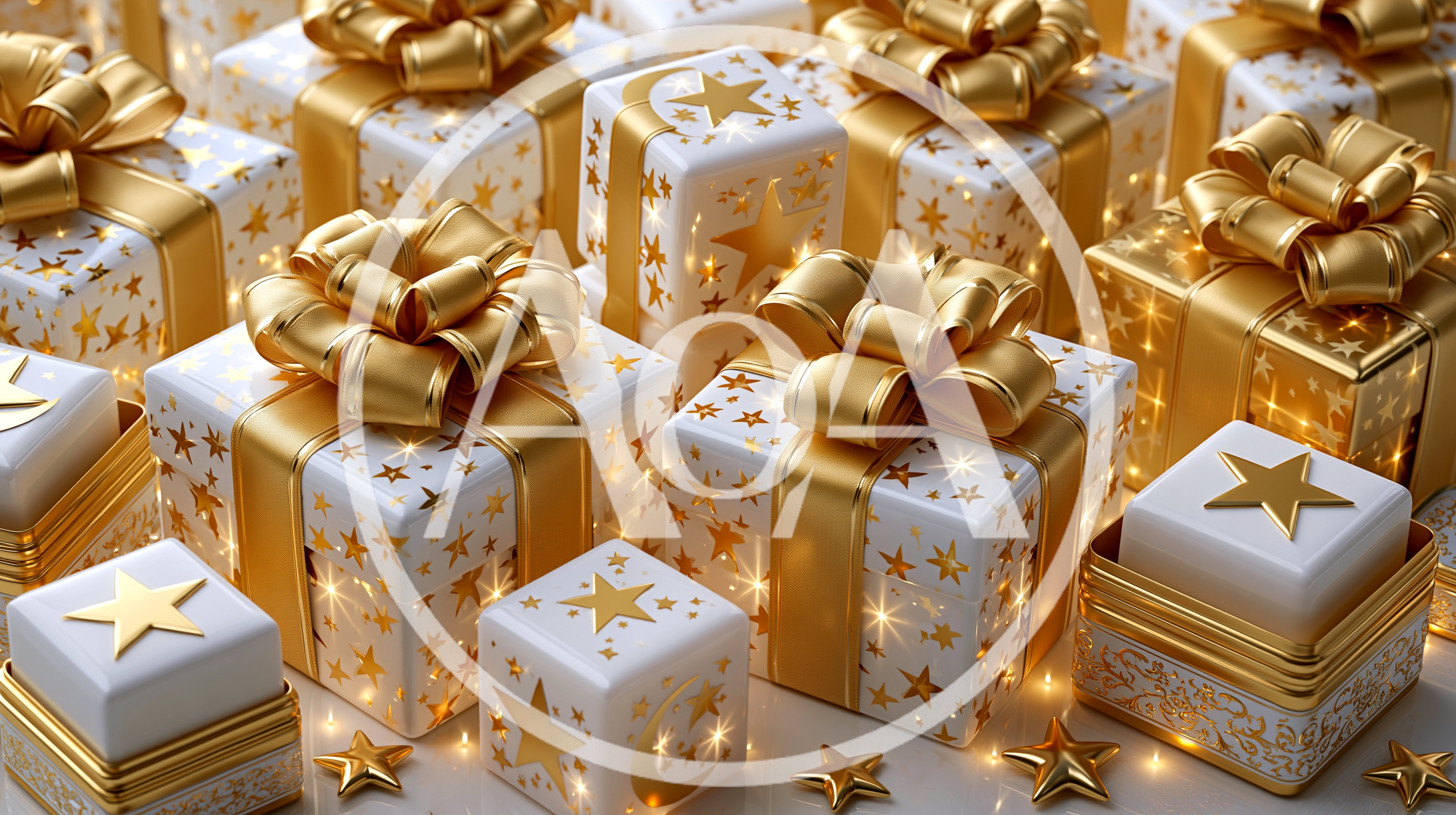 Festive Gift Boxes With Gold Ribbons And Stars