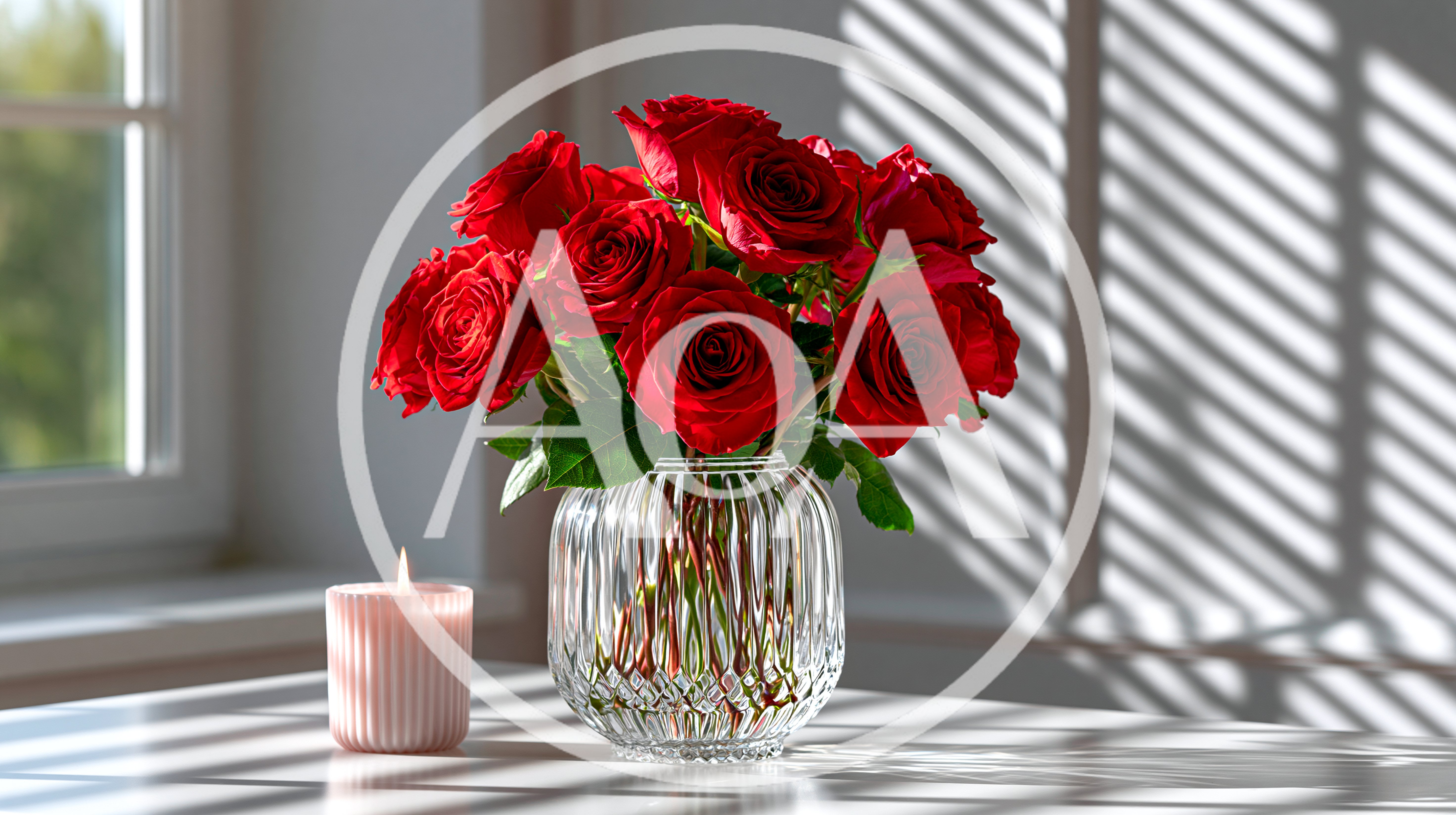 Red Roses In A Ribbed Glass Vase