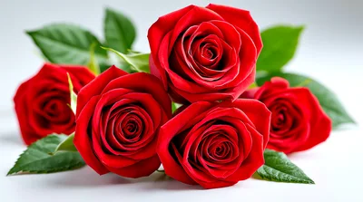 Four Vibrant Red Roses With Green Leaves