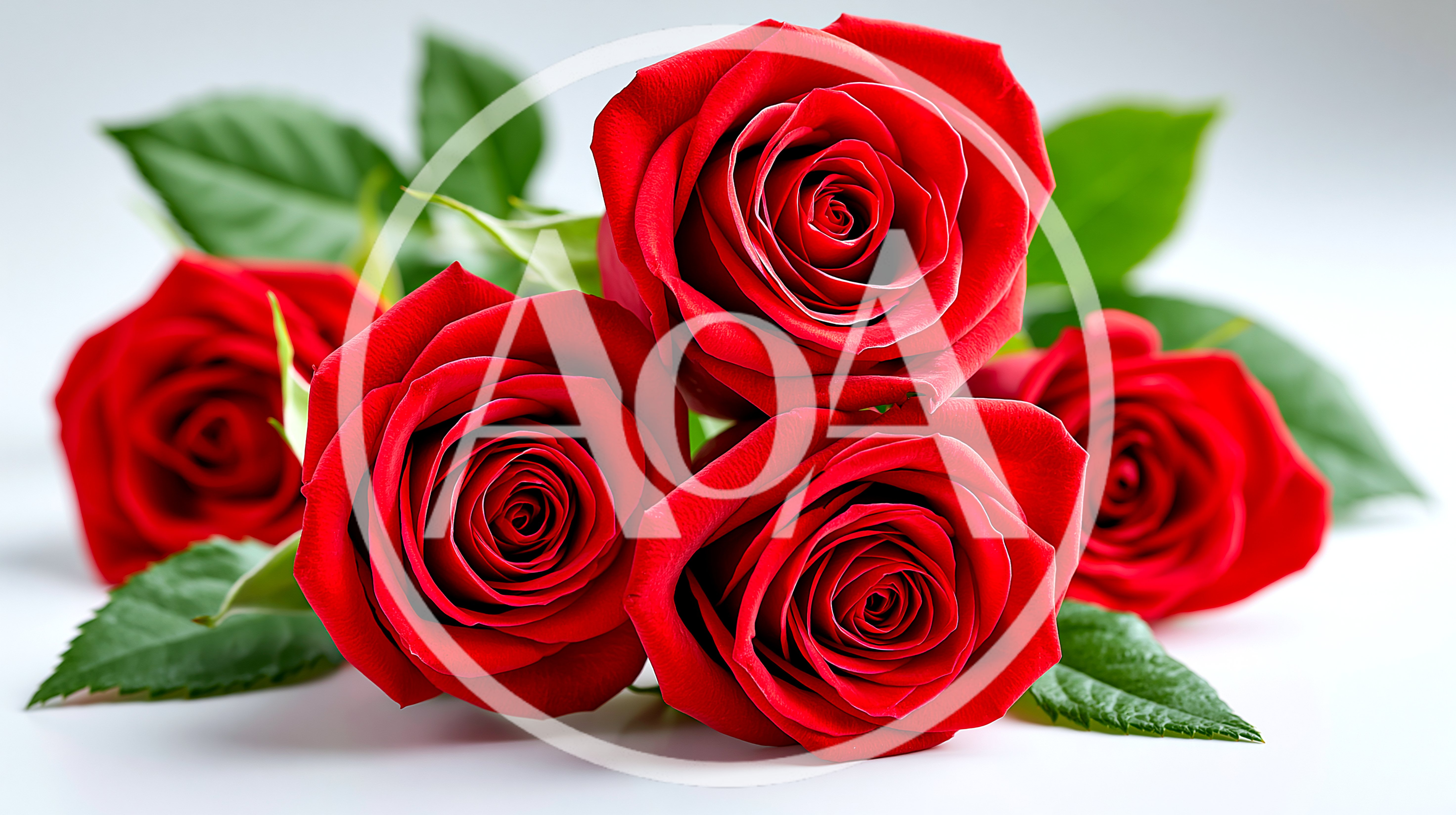 Four Vibrant Red Roses With Green Leaves