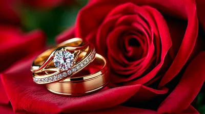 Two Gold Wedding Rings Resting On A Red Rose