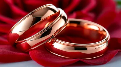 Two Polished Rose Gold Wedding Bands On Red Rose Petals