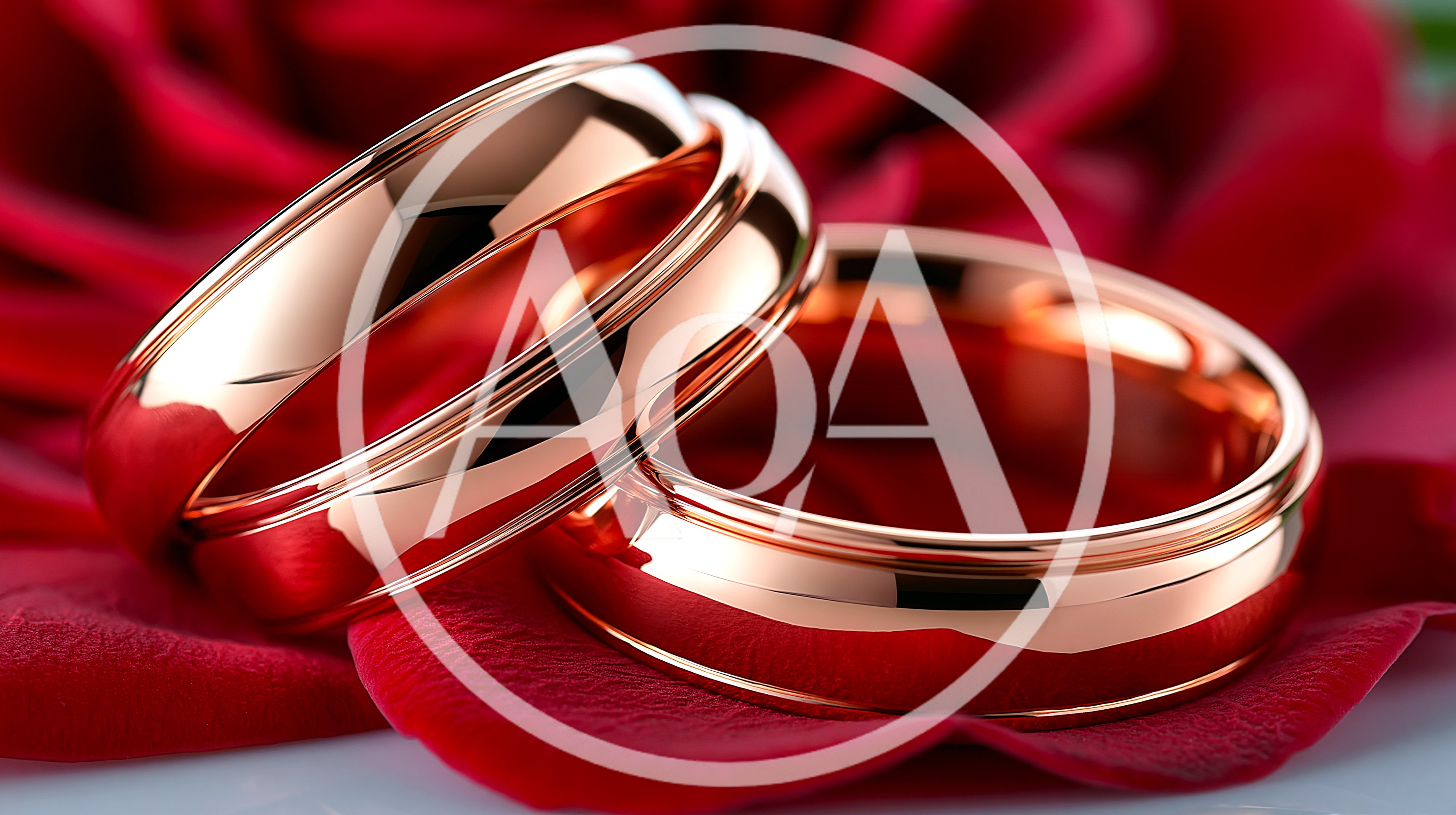 Two Polished Rose Gold Wedding Bands On Red Rose Petals