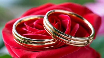 Two Gold Wedding Rings Resting On A Red Rose