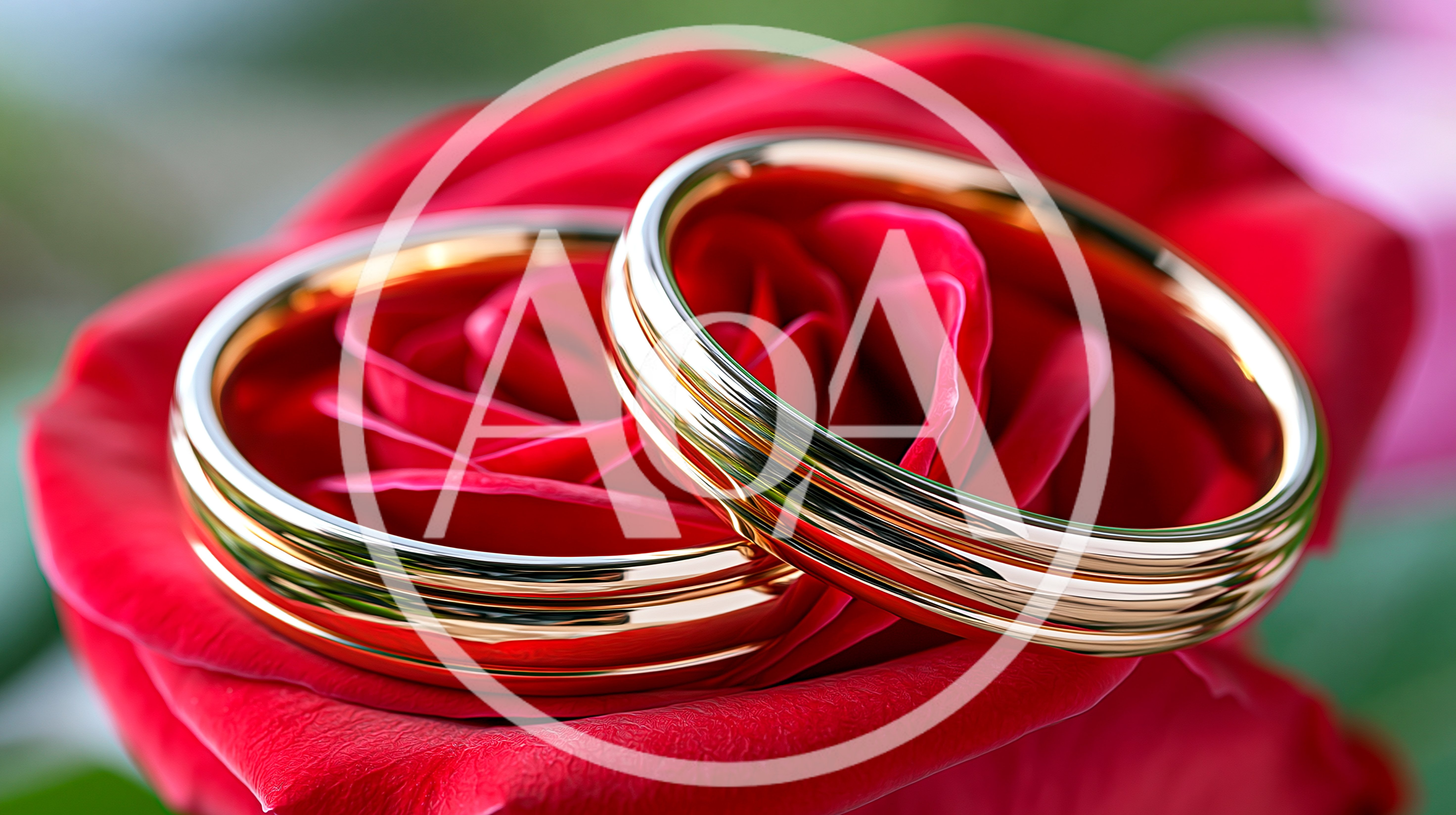 Two Gold Wedding Rings Resting On A Red Rose