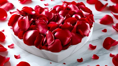 Heart Shaped Bowl Filled With Red Rose Petals