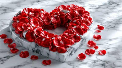 Red Rose Petals Arranged In Heart Shape On Marble