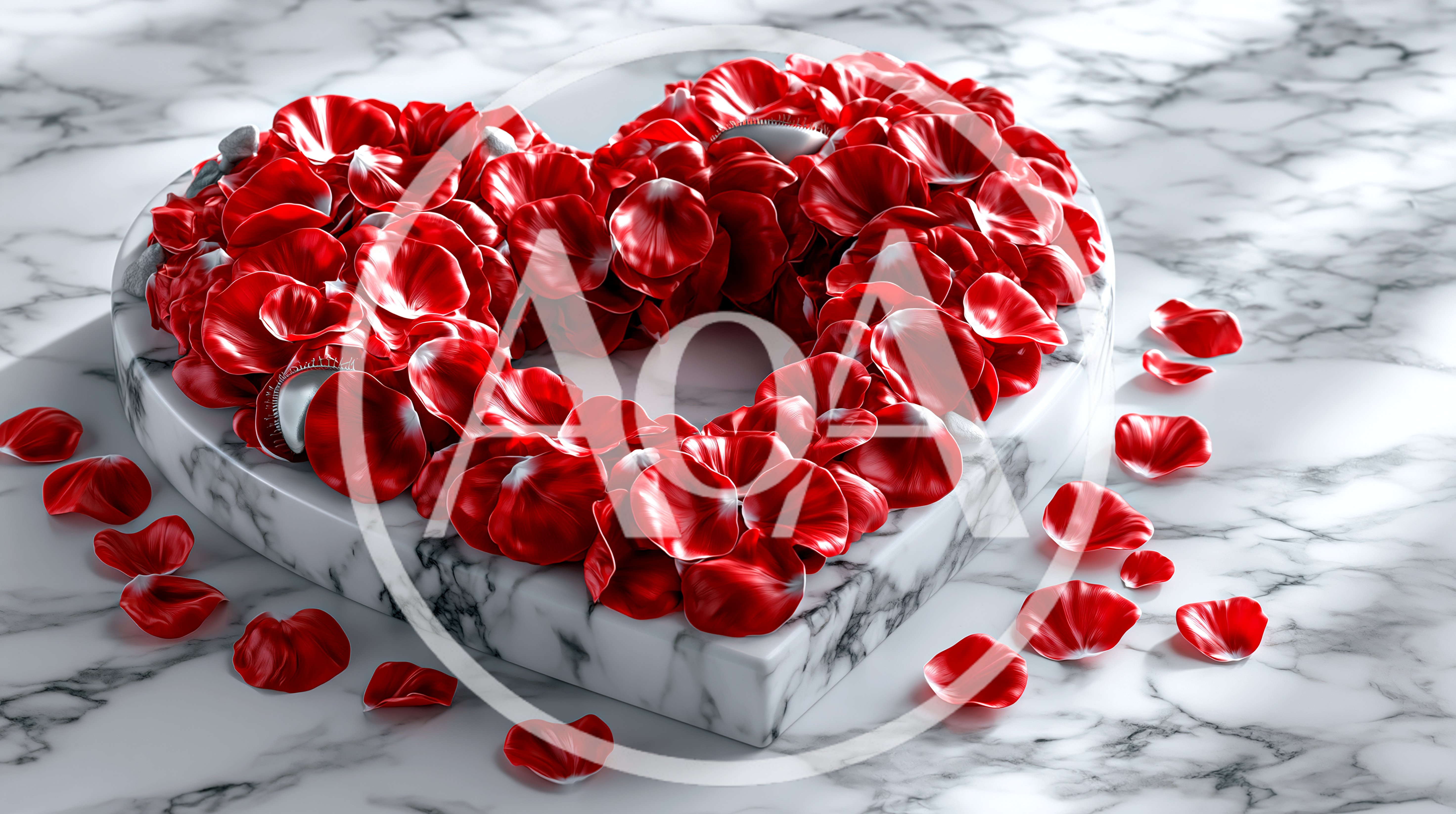 Red Rose Petals Arranged In Heart Shape On Marble