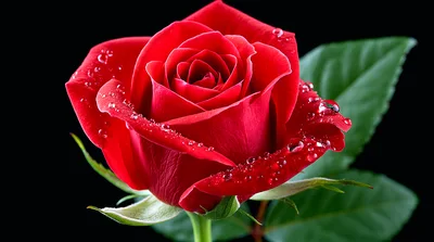 Single Red Rose With Dew Drops On Black Background