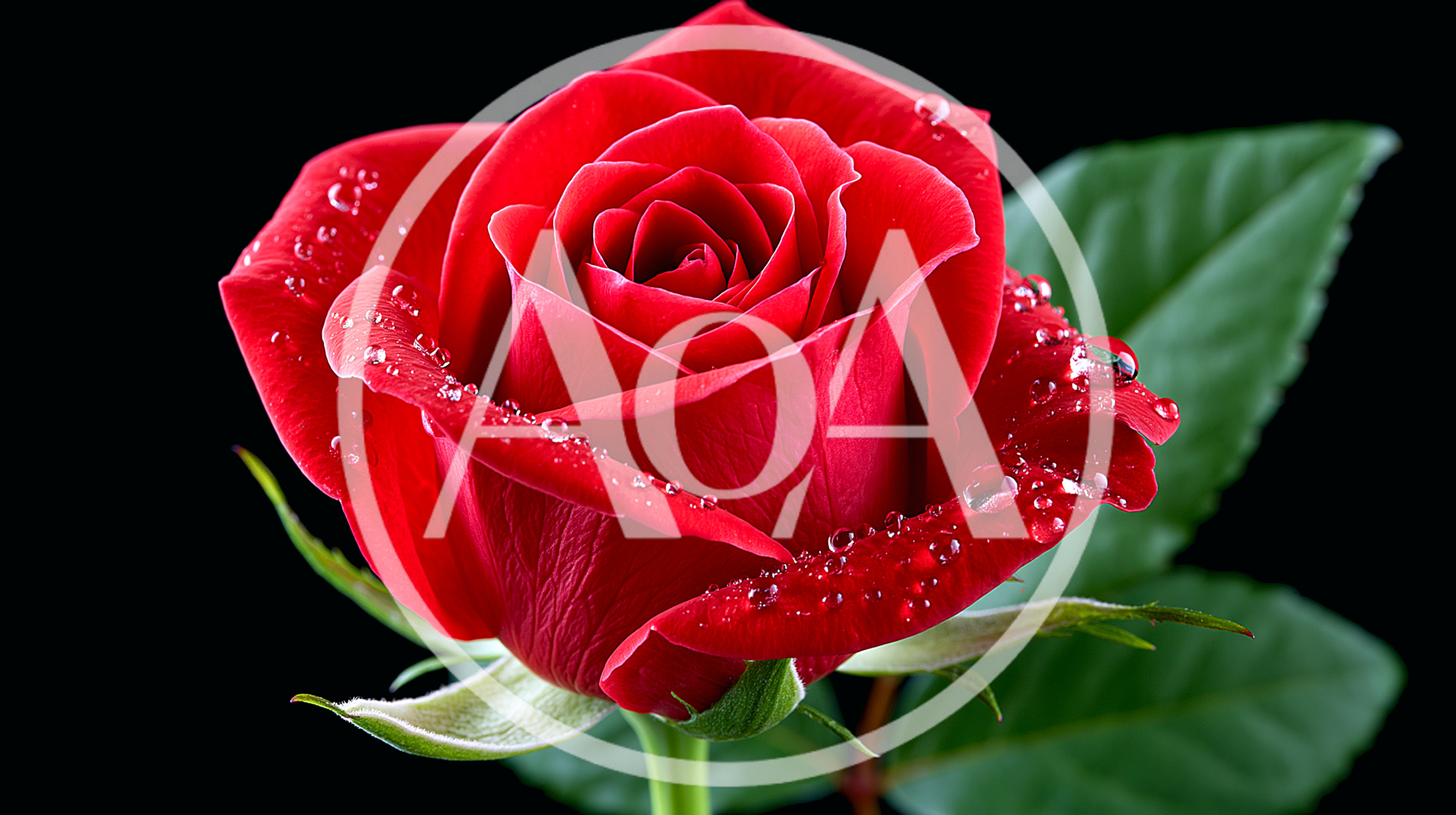 Single Red Rose With Dew Drops On Black Background