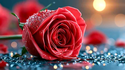 Single Red Rose With Water Droplets On Dark Surface