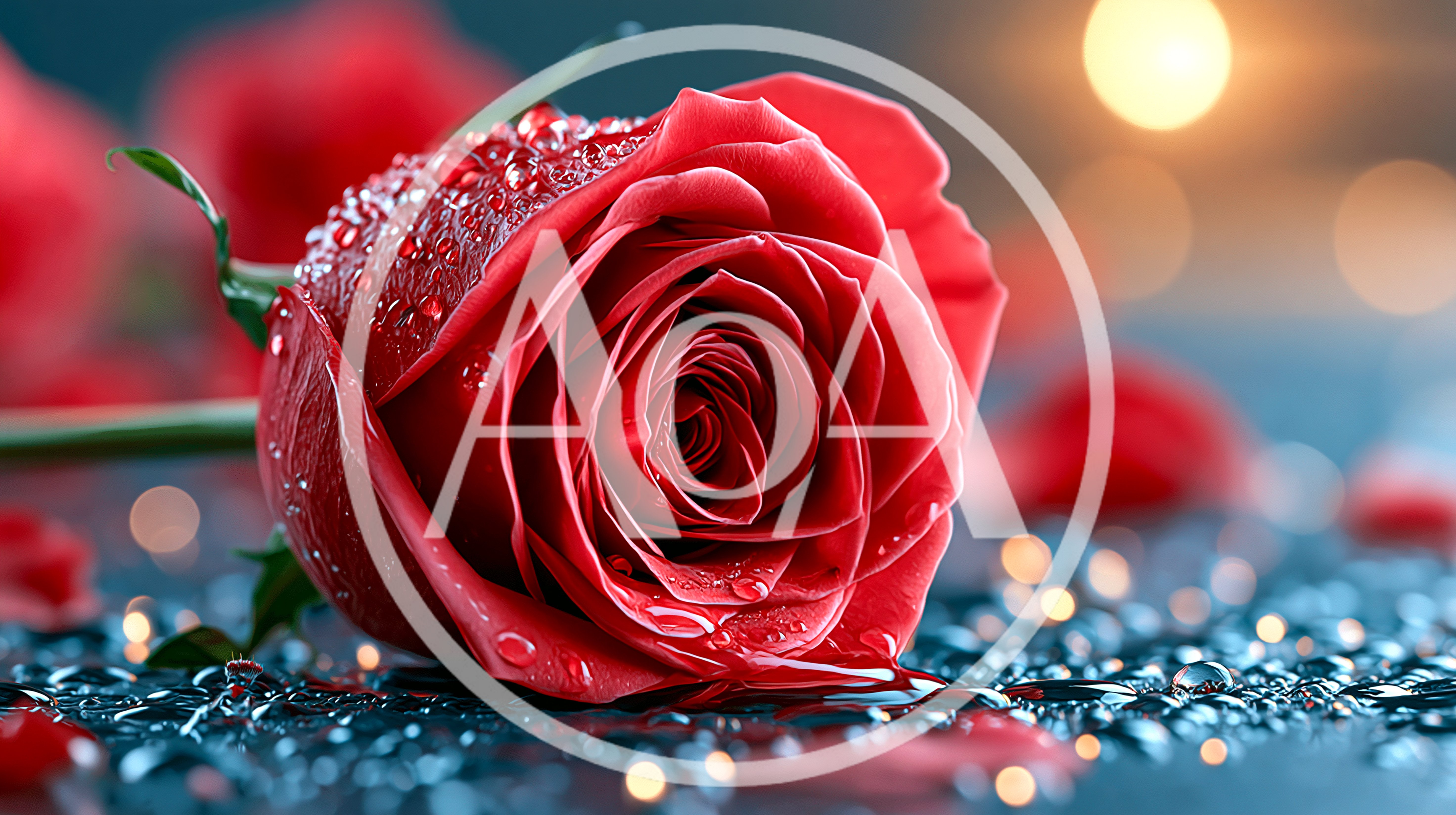 Single Red Rose With Water Droplets On Dark Surface