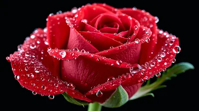 Single Red Rose With Dew Drops On Black Background