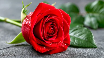 Single Red Rose With Dew Drops On Grey Background