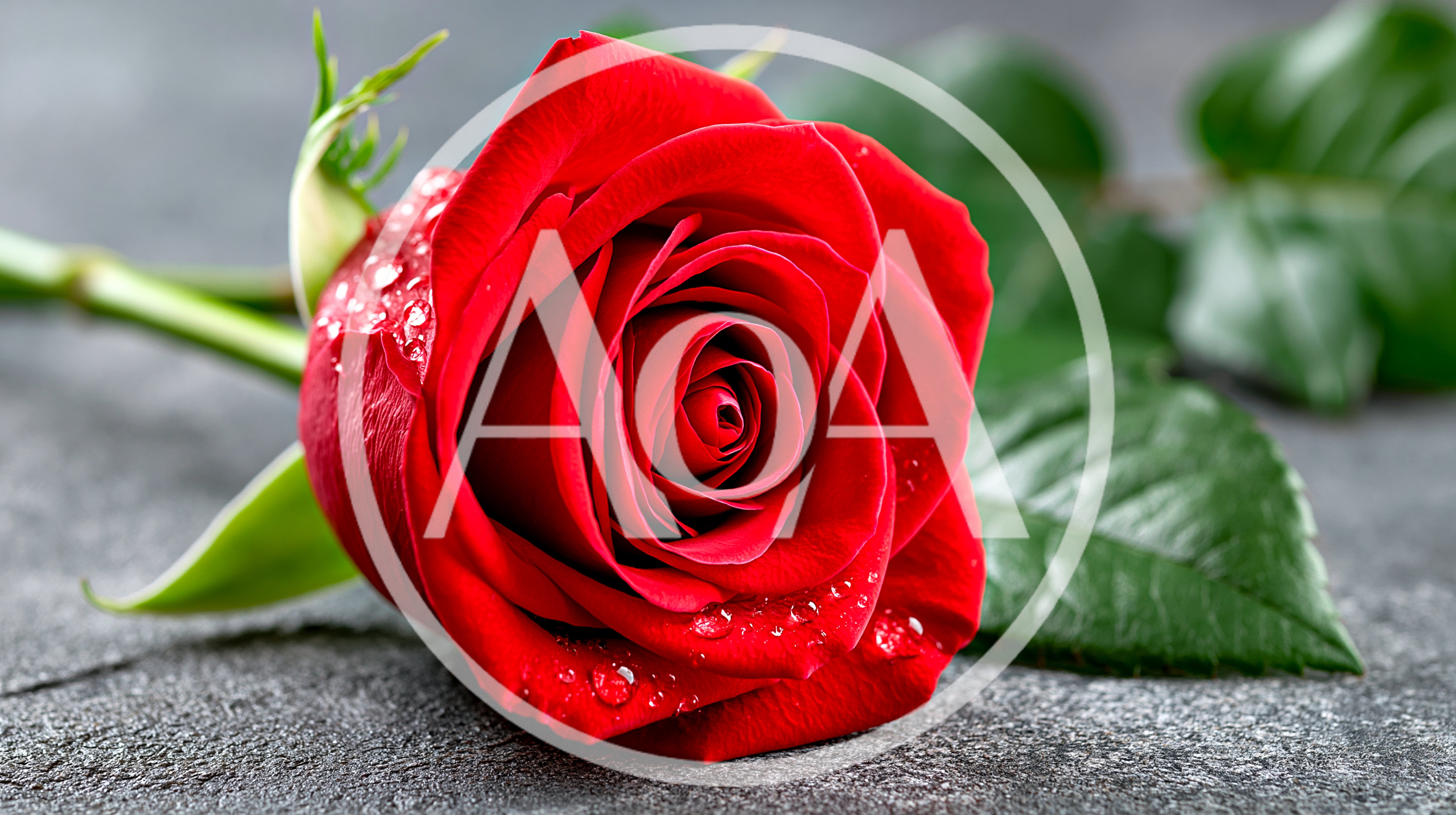 Single Red Rose With Dew Drops On Grey Background