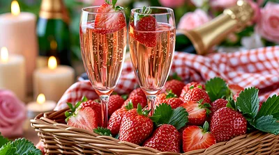 Two Glasses Of Rose Champagne With Fresh Strawberries