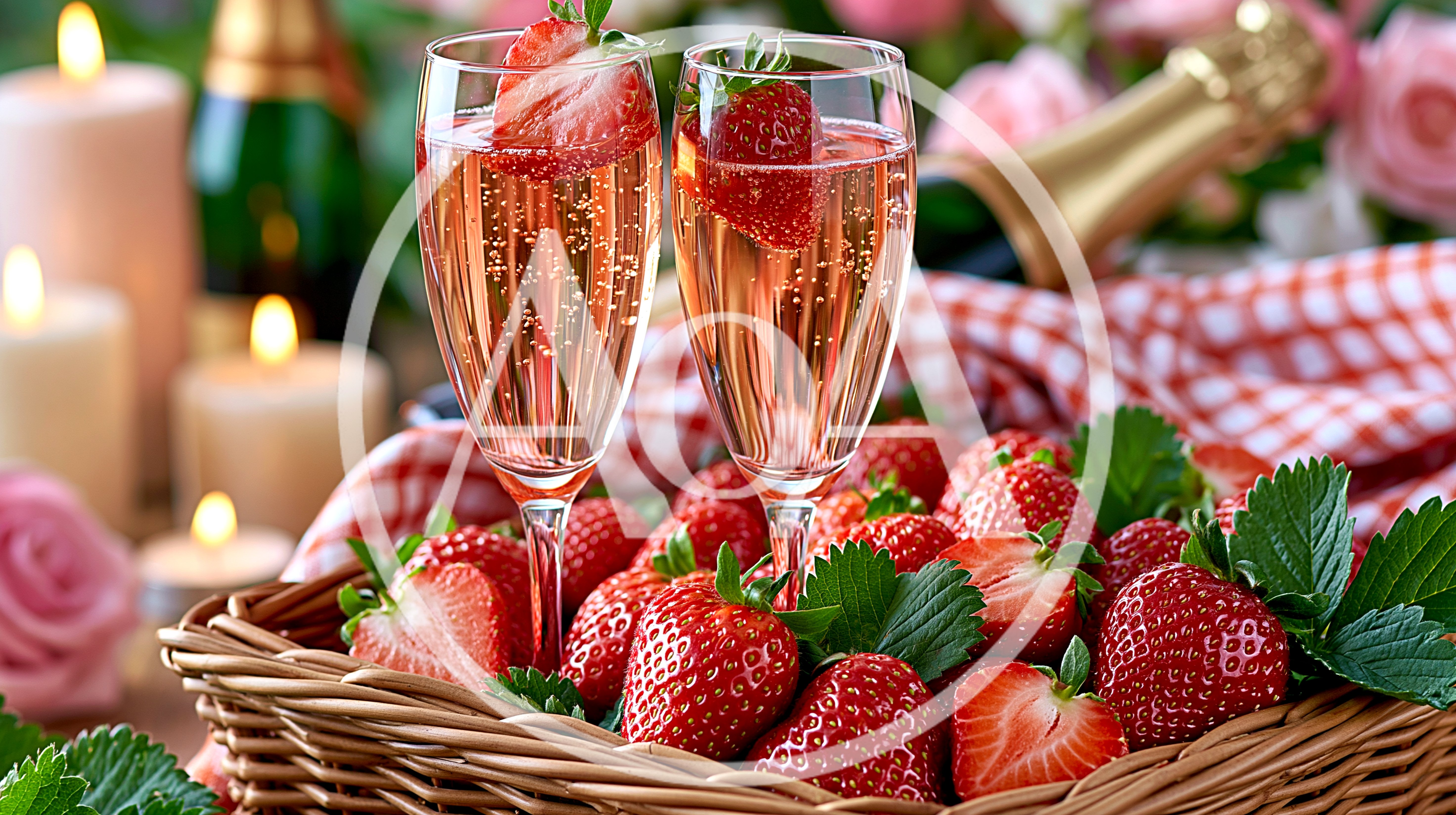 Two Glasses Of Rose Champagne With Fresh Strawberries