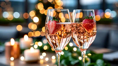 Two Glasses Of Sparkling Rose With Strawberries